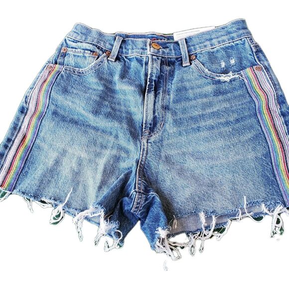 AMERICAN EAGLE Denim Shorts 4 Highest Rise 90's Boyfriend Rainbow Pride Cut Offs - Picture 1 of 6